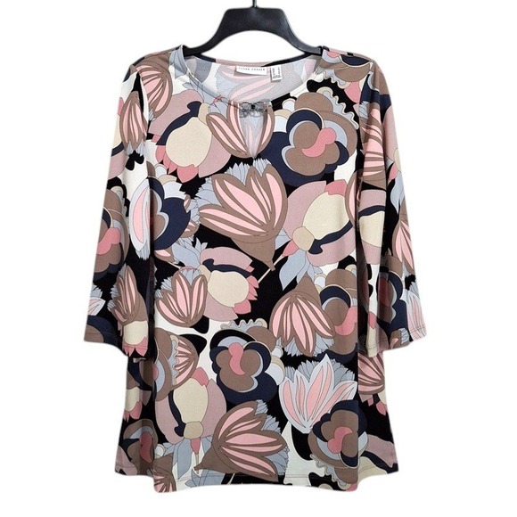 Susan Graver Top Women S Beige Blue Keyhole Neck 3/4 Sleeve Liquid Knit Tunic - Picture 2 of 13